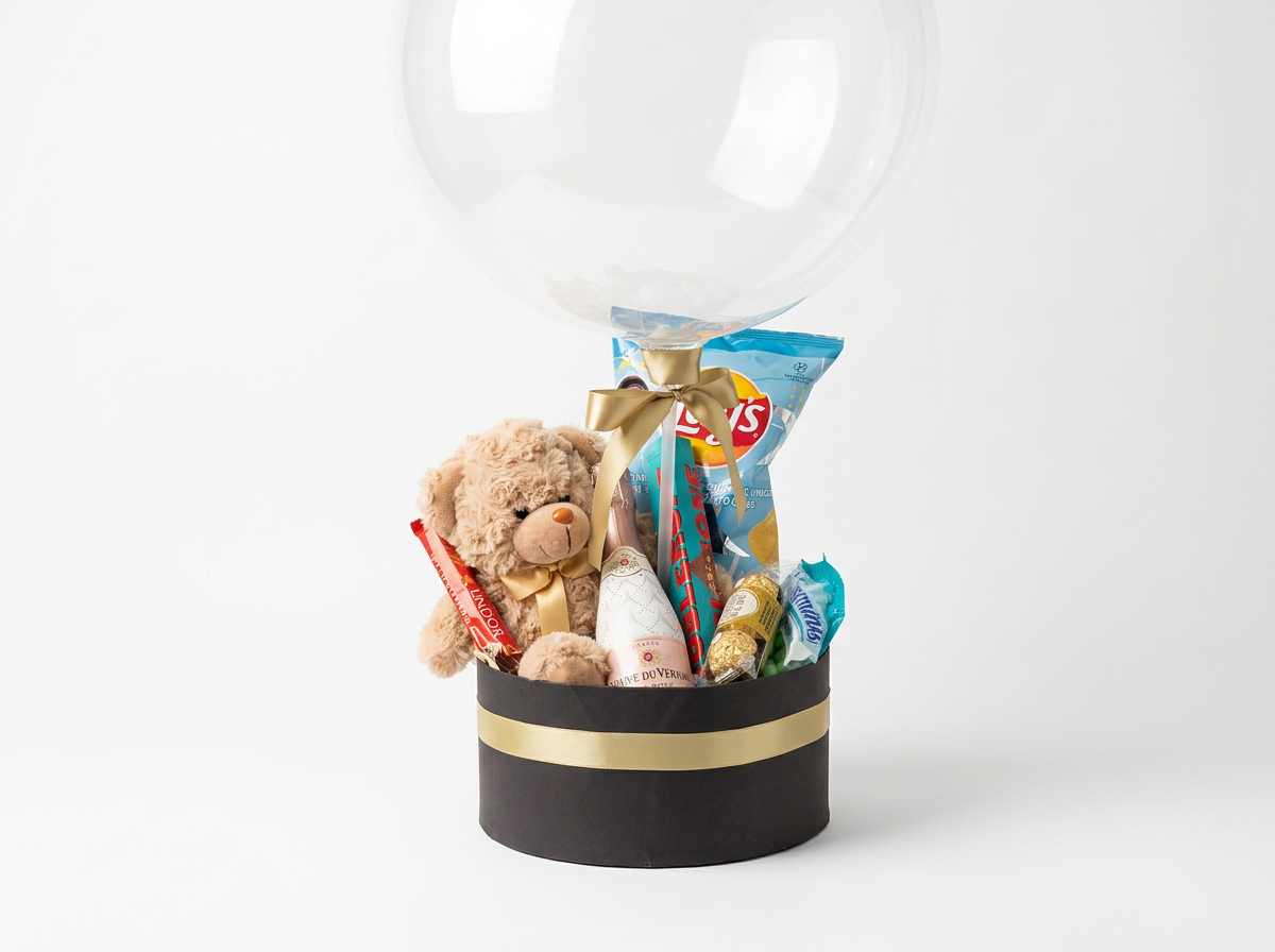 Black and gold AGS gift box with treats and a teddy bear