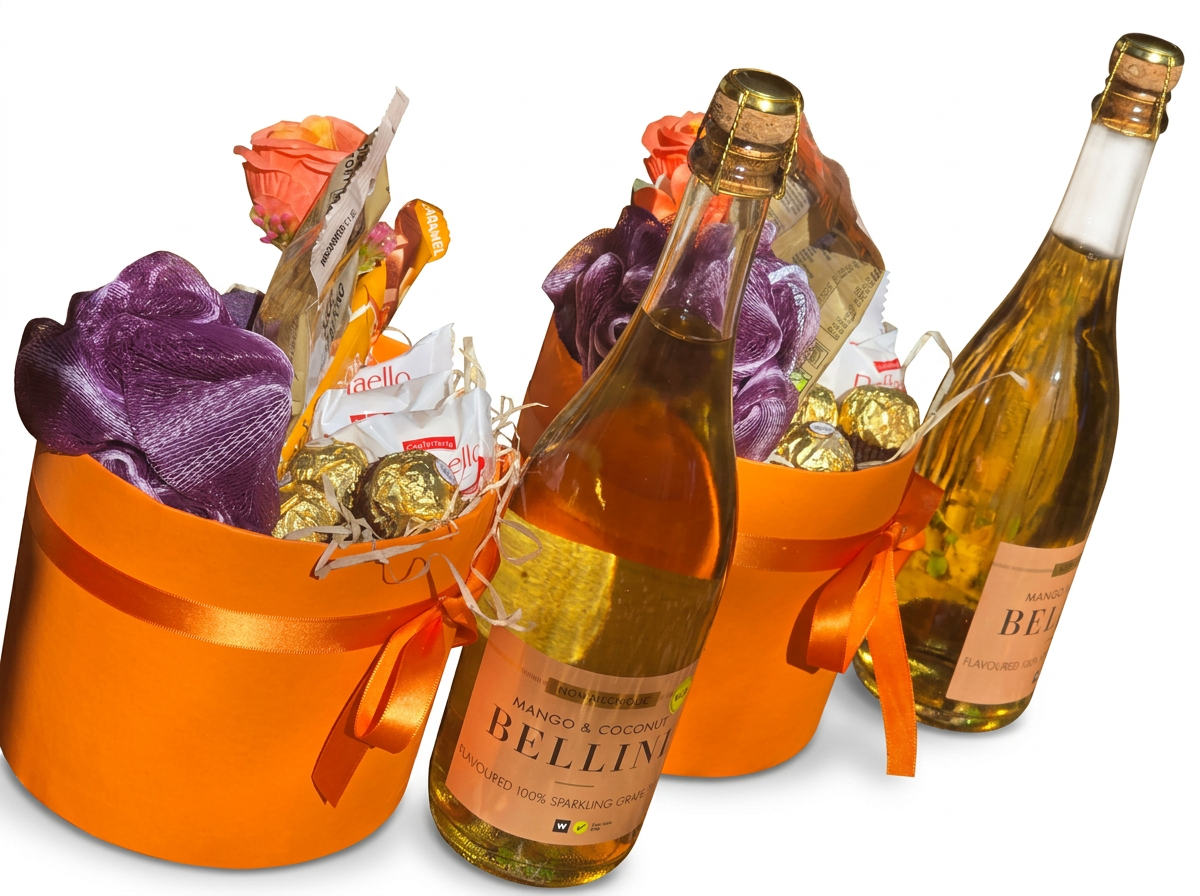 Orange corporate gift boxes with sparkling drinks